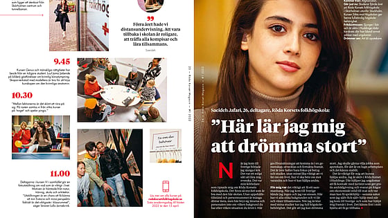 Uppslag från Röda Korset Magasin. Ett reportage från folkhögskolan.